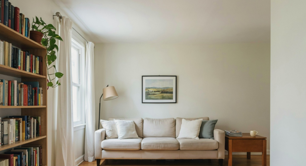 Bedroom with all furniture pushed against the walls, creating an awkward and unbalanced layout