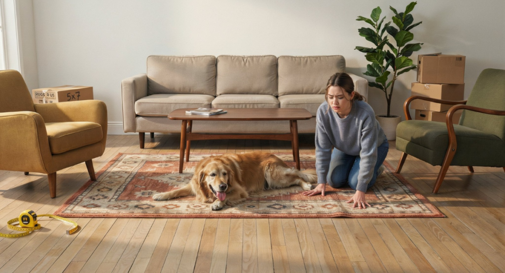 Bedroom with a rug that is too small under the bed, making the space look unbalanced